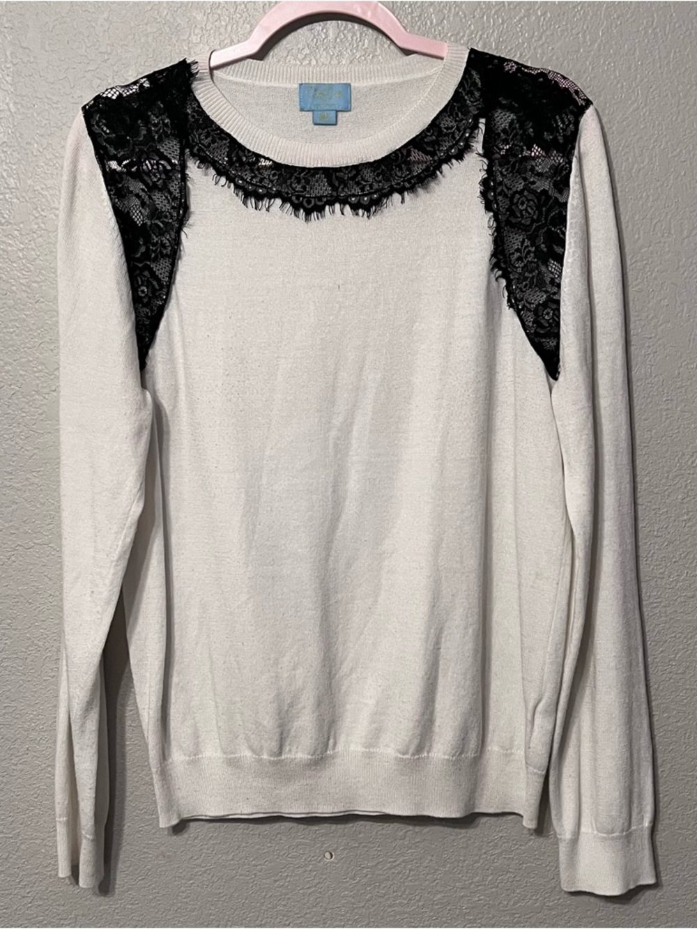 White Sweater with Black Lace Detail